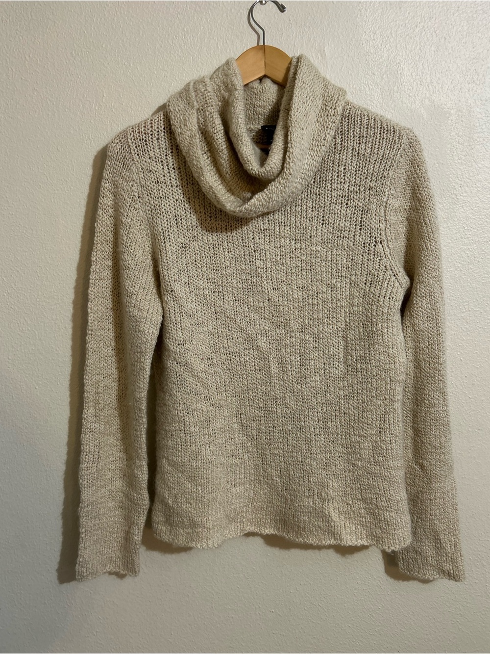 Eileen Fisher Cream Open-Knit Cowlneck Sweater Italian Yarn Aplaca Camel Hair M